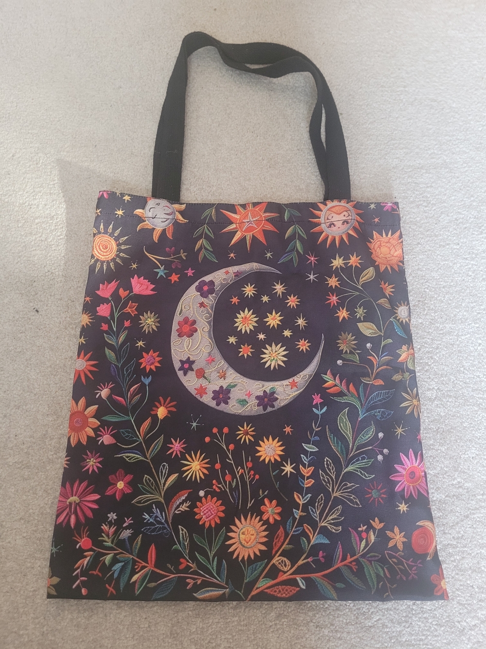 Celestial Floral Moon Tote Bag in Black